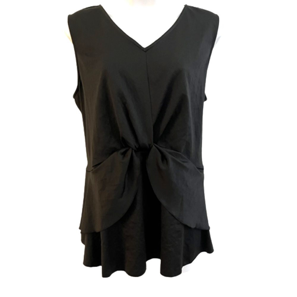 QVC Du Jour V-Neck Twist Front Sleeveless Satin Top Black - L